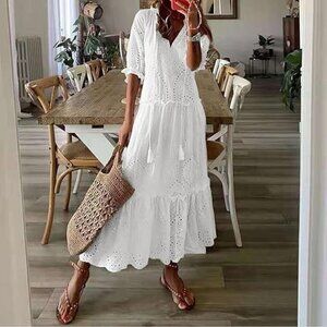 White Boho Summer Dress Lace Eyelet Puff Sleeve Ruffle Neck Tassel Tie S